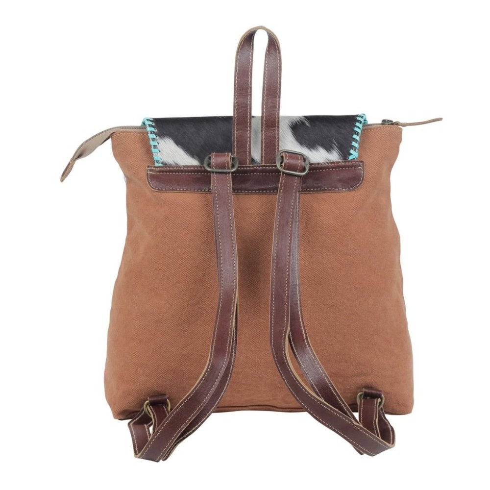Myra Bag Handmade Serein Backpack Upcycled Canvas & Cowhide Leather - Picture 4 of 9